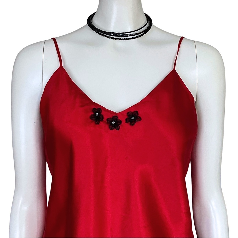 Y2K Red Satin Cami Top Flowers V Neck Lingerie M/L Fairycore Going Out FLAWED - Picture 5 of 8